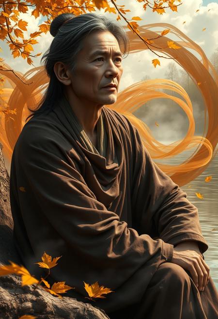 A contemplative figure seated by a riverside during late autumn, the golden leaves drifting gently across still water. The figure’s face expresses deep introspection, captured in realistic detail with soft skin texture and subtle age lines. The scene blends hyper-realistic anatomy with abstract, flowing background elements, where shapes and colors twist into dreamlike curves, suggesting both tranquility and emotional tension. Clothing is intricate yet naturally draped, combining rich fabrics with slightly exaggerated contours, blending reality with artistic flourish. Light filters through broken clouds, casting dramatic shadows and highlights on both the figure and landscape, evoking a spiritual, almost ethereal atmosphere. The environment feels alive, textured with rough bark, rippling water reflections, and faint mist rising from the surface. The camera is positioned at a slight low angle, giving a sense of emotional gravity while maintaining intimacy. This is a seamless union of meticulous realism and imaginative surrealism, resulting in an evocative yet grounded portrait filled with narrative depth and artistic fluidity.