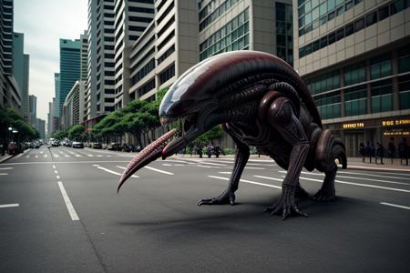 cinematic film still of  <lora:xenomorph style SD1.5:1>
Xenomorph,full body, side view, endoparasitoid extraterrestrial species,solo,open mouth,teeth,tongue,blurry,no humans,blurry background,fangs,sharp teeth,monster,realistic,alien , horror themed, dark themed, cinematic, film still, xenomorph style, shallow depth of field, vignette, highly detailed, high budget, bokeh, cinemascope, moody, epic, gorgeous, film grain, grainy, background KLCC, Malaysia Street,