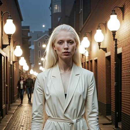 close up analogue photo of a beautiful 25 years (((albino woman:1.5))) with white hair (((pale skin:1.5))), white hair, <lora:Lumiya_SDXL:0.6>, Wearing a long wool duster and charcoal scarf, a woman walks beneath gaslight lamps in a fog-heavy city street from another time, brick facades and alley mouths looming around her, her footsteps the only sound, captured in deep chiaroscuro with warm lamp glow and grainy realism.