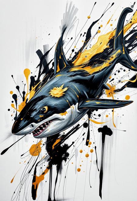 A hyper-stylistic, extremely detailed image depicts a breathtaking painting, crafted from a combination of smeared black and gold metallic paint. A shark is captured in a streaked motion, as if it is moving rapidly in one direction. The black paint is applied in bold, dynamic strokes, creating a sense of energy and movement that is contrasted beautifully by the golden accents. The gold paint is used to highlight the shark's features, adding a sense of depth and dimensionality to the image. The overall effect is one of breathtaking, surreal dynamism, as if the viewer has captured a fleeting moment in time. Every detail of the image is meticulously crafted, from the delicate, swirling patterns of the gold paint to the intricate, textured patterns of the black paint. The contrasts between light and dark, color and texture, create a sense of tension and energy that draws the viewer in, inviting them to explore the kinetic world of the painting. highest-Quality, intricate details, visually stunning, Masterpiece