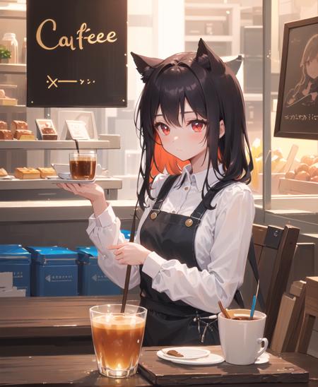 (masterpiece), (best quality), (intricate_details:1.1), (finely detailed:1.4), (distinct_image:1.2), (cafe background), 1girl, cute, (face focus), shiny red eyes/black hair, cat ears, vine, smooth lighting, shirt,