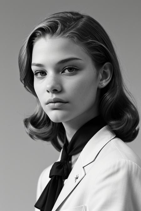 KateKraaijeveld, ((22 years old)), ((1940s photograph, upper body, portrait, wartime tailored suit or A-line dress, classic 1940s makeup, elegant backdrop, black and white film, Rolleiflex )), 80mm f/2.8, 1/30s, ISO 200, ((timeless elegance))