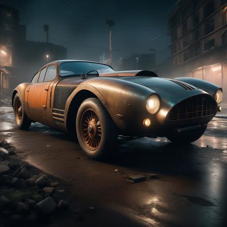 a photo of a dieselpunk sports car, 3/4 front view, survival, post-apocalyptic, cyberpunk, outdoors, night, destruction, urban decay, masterpiece, photorealistic, 8k, high detail, dark theme