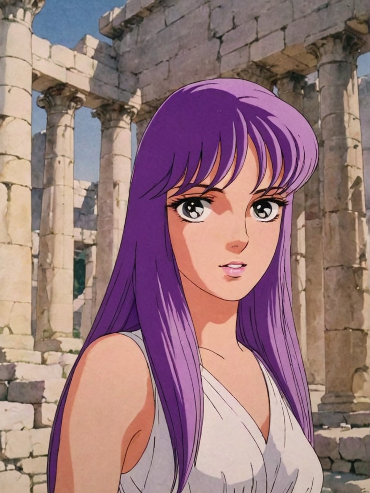 Anime illustration portrait of s40r1k1d0 woman, (in ancient greece ruins)+, purple hair