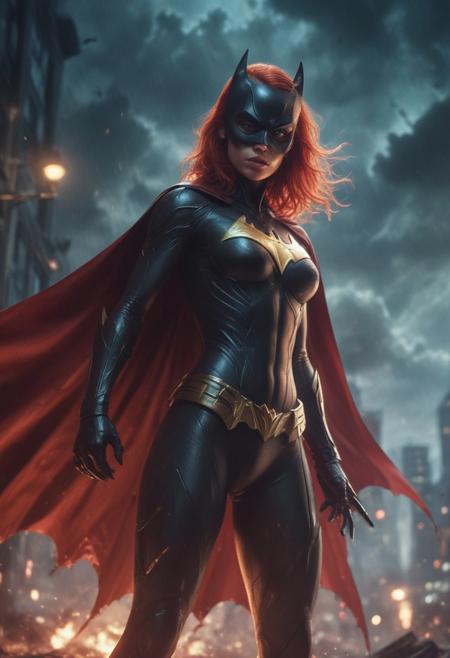 High resolution ultra-realistic of beautiful realistic Batgirl fighting against alien invasion, cinematic style, standing on a bloody and stormy battlefield in a fighting pose, bloody massacre, realistic modern combat costume, black mask, red cape, perfect athletic figure, wavy red hair, handsome dirty bloody face, beautiful perfect detailed pupils, wet oily shiny skin,covered in dirt and blood, beautiful firm Breasts, defiant and seductive, sexy 20 year old girl, 8k resolution concept art portrait by Greg Rutkowski, Dark Gotham City, Artgerm, WLOP, Alphonse Mucha, dynamic lighting, hyperdetailed, intricately detailed, Splash art trending on Artstation triadic colors, Unreal Engine, 5 volumetric lighting, Cinematic Lighting, intricate, smooth, sharp focus digital painting, Asymmetrical Balance, painting, dynamic lighting
