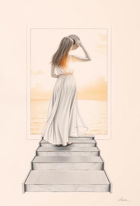 A pencil drawing of a woman standing on a metallic staircase that leads into the ocean. She faces away from the viewer, silhouetted by the golden light of a setting sun. Holding her hat with one hand, her flowing white dress and hair are gently blown by the wind, creating a sense of movement. The woman stands within a white rectangular frame, which contrasts with the soft natural light. The ocean stretches into the distance, reflecting the warm light. The background sky is filled with soft clouds, transitioning from pale orange to a cooler tone near the horizon.
The pencil work emphasizes fine, detailed lines to capture the delicate folds of the dress and the contours of the woman's figure. The metallic stairs have a textured, sharp contrast to the smoothness of the woman’s silhouette. The water is shaded subtly to show reflections, while the sky and clouds are drawn with soft, varied tones, giving depth. Shadows and highlights are balanced skillfully to enhance the tranquil atmosphere. The overall effect is a peaceful, harmonious composition with an elegant and serene mood.