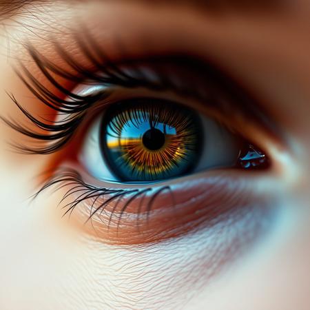 realistic photo, human eye closeup, amber eye, woman eye, cinematic, macro lens