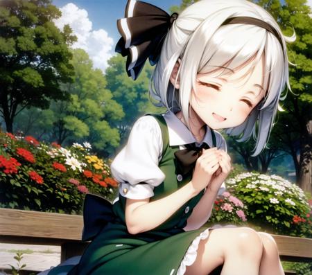 <lora:ke-ta:0.9>, garden, flowers, konpaku youmu, sitting, happy, blush, closed eyes, own hands together