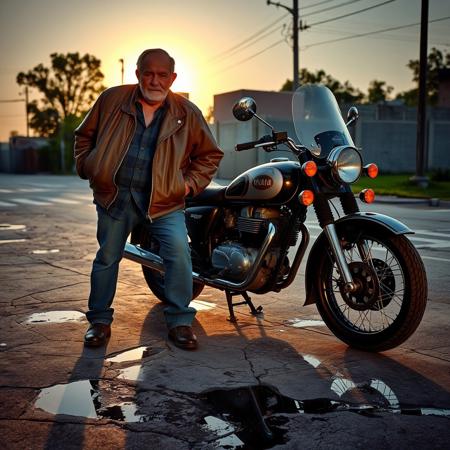 An old man wearing jeans and a brown leather jacket stands next to a classic motorcycle, the setting sun is reflected in the puddles on the cracked and dirty pavement