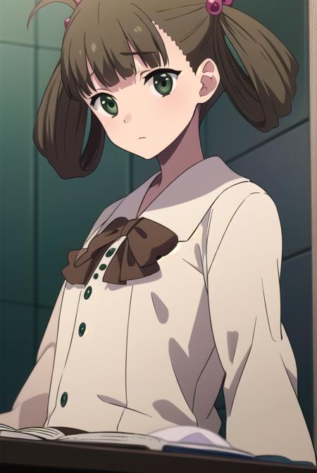 hikarikuroda, <lora:hikarikuroda-lora-nochekaiser:1>,
hikari kuroda, bangs, (brown hair:1.5), hair ornament, twintails, (green eyes:1.5), hair bobbles, hair rings,
BREAK school uniform, long sleeves, bow, red bow,
BREAK looking at viewer,
BREAK indoors, classroom,
BREAK <lyco:GoodHands-beta2:1>, (masterpiece:1.2), best quality, high resolution, unity 8k wallpaper, (illustration:0.8), (beautiful detailed eyes:1.6), extremely detailed face, perfect lighting, extremely detailed CG, (perfect hands, perfect anatomy),