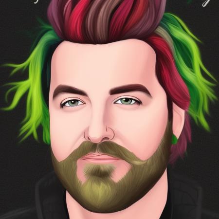 dskyart1, digital art, illustration, incredible masterpiece,a drawing of a man with a green hair and beard and a beardcut on his face and a green shirt, Alex Brightman, Beetlejuice the musical, dnd character art portrait,  looking at the camera,  dskyart1