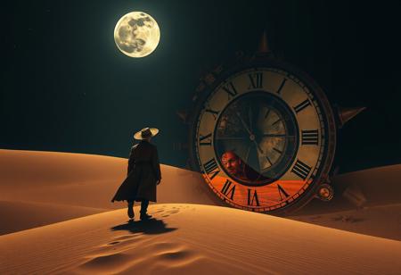 A dramatic figure in a large hat and trench coat strides through vast sand dunes under a dark moon, stars twinkling above. A surreal double exposure reveals a Roman clock face, blending fantasy and sci-fi elements with rich, moody colors and striking lighting.