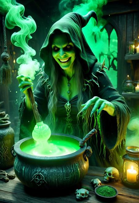 hideous witch, sinister spellcaster, dark fantasy, eerie atmosphere, bubbling cauldron, glowing green mist, magical energy, grotesque features, mysterious ingredients, enchanted herbs, animal bones, creepy jars, cobwebbed room, decaying wooden hut, menacing grin, sharp and crooked features, ragged robes, tangled gray hair, glowing runes, arcane symbols, deep shadows, flickering candlelight, intricate details, hyperdetailed textures, cinematic scene, ominous magic, potion-making, spellcrafting, mystical smoke, unsettling aura, dark environment, malevolent witchcraft, masterpiece, highly detailed, dynamic lighting