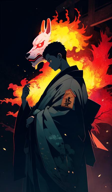 oniNFT, solo, japanese clothes, 1boy, male focus, from side, black background, fire, kimono, mask, wide sleeves, yellow eyes, bell, fox mask <lora:oniNFT-block:1>