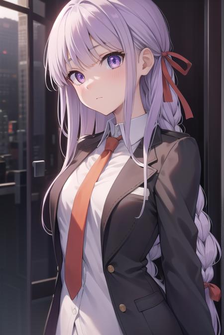 kyokokirigiri, <lora:kyokokirigiritest:1>, kyoko kirigiri, (braid:1.1), hair behind ear, long hair, (side braid:1.1), light purple hair, hair ribbon, ribbon, (purple eyes:1.1), (small breast:1.2),
BREAK black gloves, brown necktie, collared shirt, gloves, jacket, necktie, orange necktie, shirt, side braid, white shirt,
BREAK indoors, classroom,
BREAK looking at viewer, 
BREAK <lora:GoodHands-vanilla:1>, (masterpiece:1.2), best quality, high resolution, unity 8k wallpaper, (illustration:0.8), (beautiful detailed eyes:1.6), extremely detailed face, perfect lighting, extremely detailed CG, (perfect hands, perfect anatomy),