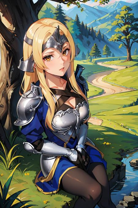 masterpiece, best quality, mathilda, helmet, armor, blue dress, pantyhose, black gloves, from above, confused, raised eyebrow, looking at viewer, grass, trees <lora:mathilda-nvwls-v1-000009:0.9>