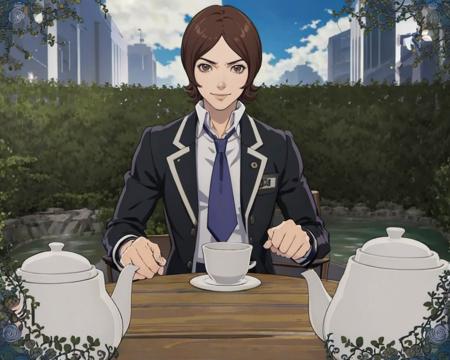 masterpiece, best quality, solo, 1boy,  smile, looking at viewer,  <lora:Tatsuya_Fp:1>, tatsuyais, school uniform, necktie, pants, black jacket, <lora:Teatime-concept_Fp:0.8>, cup, table, food, teapot, outdoors, sitting