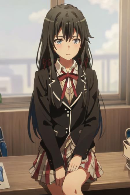 best quality, masterpiece, highres, solo, {yukino_yukinoshita_yahariorenoseishunlovecomewamachigatteiru:1.15}, long_hair, black_hair, ribbon, blue_eyes, hair_ribbon, blazer