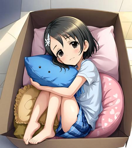 in box;  Sasaki Chie,  hair ornament,  barefoot, carton, heart, 
fancy, illustration, ink, fetal position,
short hair, black hair, black eyes, smile, pillow, expressionless
<lyco:in_container-step-30000:1>   <lyco:u149-v3.1:0.9>