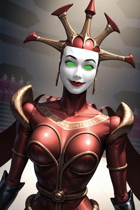 hexadecimalevilreboot 1girl mask lipstick green eyes red eyes blue eyes yellow eyes glowing eyes no pupils horns crown red latex bodysuit armor gloves ribbons cape breasts large breasts outfit1 boots science fiction