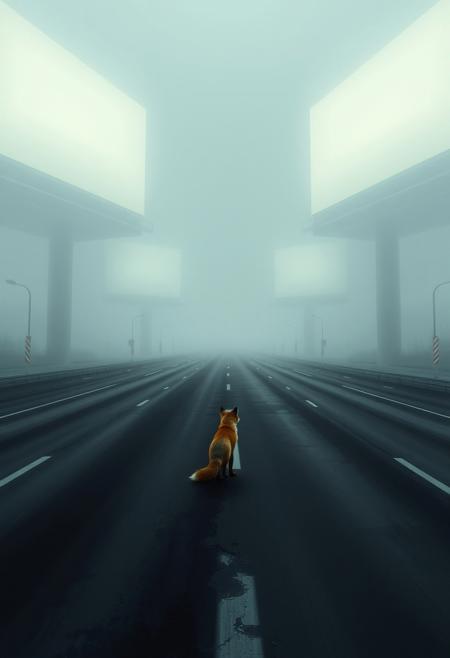 A vast highway stretches into the distance, shrouded in fog. Massive, futuristic billboards glow overhead, their reflections rippling in the wet pavement. A single fox watches from the sidelines, blending the themes of urban loneliness and nature’s quiet persistence.
minimalist surrealism, impressionistic realism, muted color palette, poetic symbolism, refined brushwork, chiaroscuro lighting, introspective mood, water and reflections, subtle social commentary, emotional restraint, soft textures, naturalistic figures in surreal settings