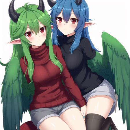 <lora:harpy-1_harpy-2--harpy-3_harpy-4:1.0>, 

(harpy:1.1), (bird wings, bird legs:1.0), claws, bird tail,



2girls, bangs, black shirt, blue hair, breast press, dragon horns, dragon tail, green hair, hair between eyes, horns, lap pillow, long hair, mishima coco, multiple girls, oni horns, red eyes, ribbed sweater, shaded face, shirt, single horn, sweater, tail, turtleneck