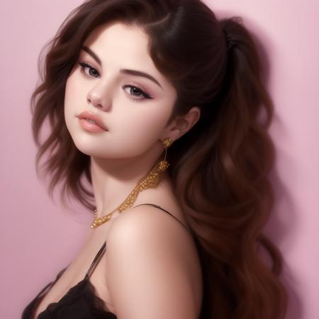 Selena Gomez (masterpiece, best quality) ( full body), ,masterpiece, beautiful detailed eyes, looking at viewer, detailed beautiful face,  extremely detailed, high, 1girl, black hair, long hair, best quality, closed mouth <lora:Selena Gomez:1>,