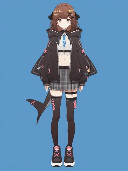 nanami,thighhighs,brown eyes,brown hair,jacket,looking at viewer,shark tail,sneakers,navel,hood,white shirt,pleated skirt,plaid skirt,black thighhighs,grey skirt,puffy long sleeves,hooded jacket, shoes,skirt,brown hair,brown eyes,long hair,virtual youtuber,bare shoulders,looking at viewer,grey skirt,crop top,ribbon,shirt,plaid skirt,pleated skirt,black ribbon,sneakers,white shirt,sleeveless,thigh strap,sleeveless shirt,bare arms,white background,white panties,