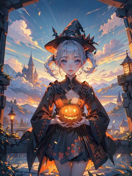 (extremely detailed CG unity 8k wallpaper),(masterpiece),(best quality),(ultra-detailed),(best illustration),
(1girl:1.5),candy,hallowmas,night,pumpkin lamp,witch,The detailed castle,mist encircles the mountains,fairyland,nature,flowers,<lora:pkN2:0.5>,