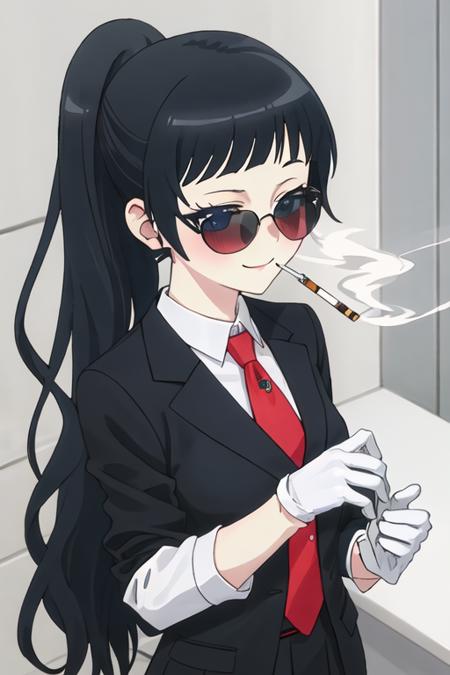 best quality, masterpiece, highres, solo, {black business suit:1.40}, {tie:1.20}, {sunglasses:1.25}, {white gloves:1.15}, {white shirt:1.10}, {black skirt:1.15}, {smoking:1.20}, handsome, {chiyo_4ninwasorezoreusootsuku:1.15}, black_hair, long_hair, blush, bangs, mole, mole_under_eye, blunt_bangs, smile, blue_eyes, serafuku, ponytail