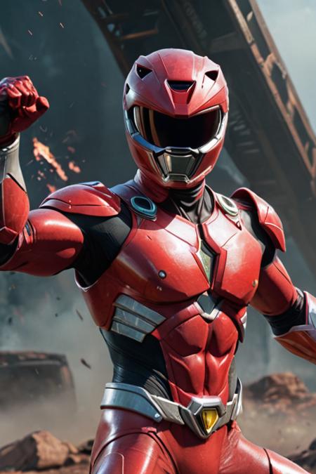6w movie screenshot of red powerranger in original 1990s style outfit  in dynamic pose ready for battle, science fiction, ultra detailed, hd, energy effects, sparks, cgi style marvel comic style, artgerm style, realistic, fine details, hyperrealism