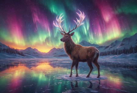 morph-aurora, aidmamj6.1 
mythical deer with translucent antlers radiating aurora beams, standing on frozen lake, magical atmosphere, glittering details














