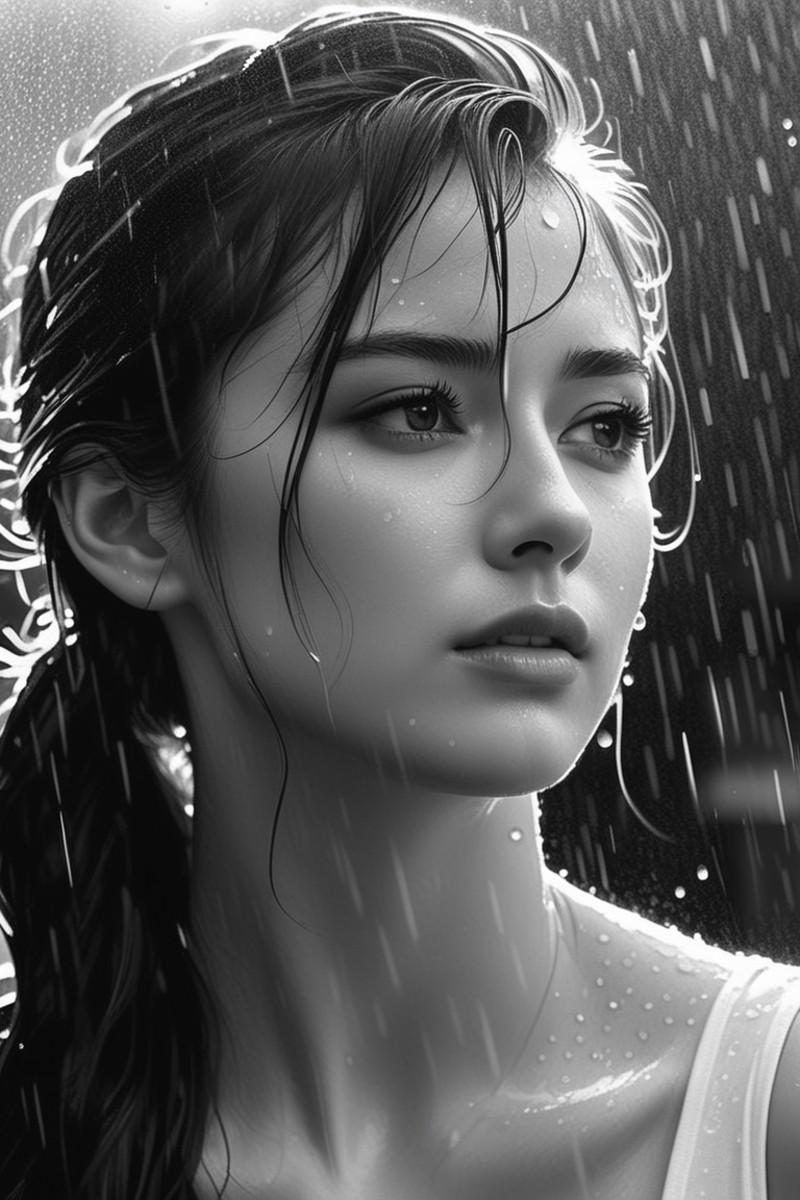 Close-up,  portrait,  oil paint,  black and white photo of a woman in the rain,  black and white photo,  by Zlatyu Boyadzh...
