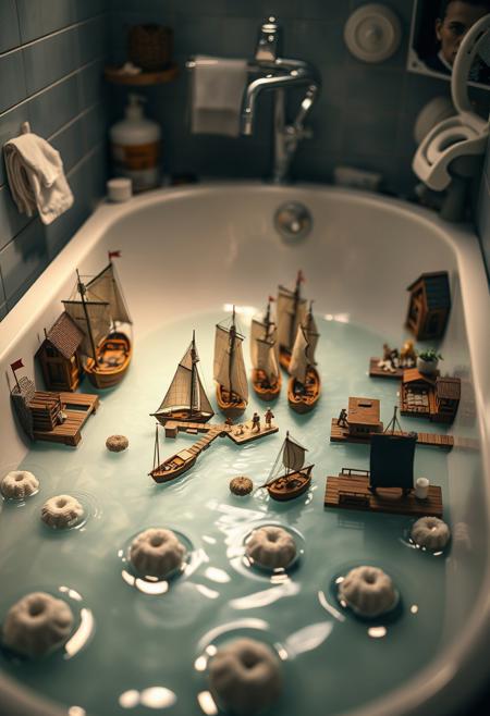 portrait, masterpiece, 4k, ray tracing, intricate details, highly-detailed, hyper-realistic, 8k RAW Editorial Photo.
A realistic, zoomed-out photo of a Caribbean pirate harbor scene, but instead of being set in a real, expansive environment, the entire harbor is situated in a bathtub, giving the impression of a detailed miniature model. The harbor is complete with tiny ships, docks, pirates, shacks, all scaled down to fit within the confines of the bathtub. The water in the tub mimics the appearance of a calm sea, with gentle ripples around the miniature boats. The white porcelain of the bathtub contrasts with the intricate, realistic details of the harbor. Surrounding the bathtub are everyday bathroom items, subtly visible in the background, reinforcing the surreal setting of this miniature world.  There are floating sponges that take on the appearance of islands. 
cinematic light, dramatic light, shallow depth of field,  high budget, bokeh, cinemascope, film grain,