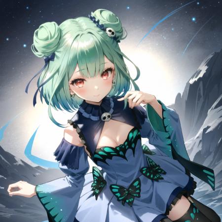 <lora:testbluerushia:1>,  bluerushia, green hair, double bun, short hair, blue bow, hair ornament, 
full body,