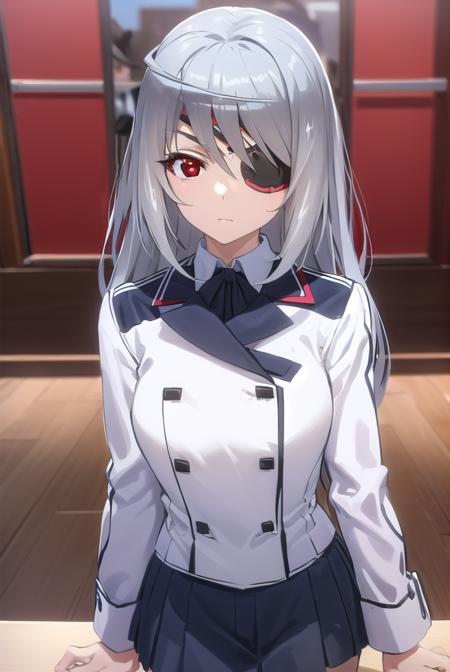 laurabodewig, <lora:laura bodewig s2-lora-nochekaiser:1>,
laura bodewig, long hair, (red eyes:1.3), grey hair, eyepatch,
BREAK school uniform, ribbon, blue ribbon, long sleeves, (red trim:1.2), uniform, military uniform, (white military uniform:1.5),
BREAK indoors, classroom,
BREAK looking at viewer, (cowboy shot:1.5),
BREAK <lyco:GoodHands-beta2:1>, (masterpiece:1.2), best quality, high resolution, unity 8k wallpaper, (illustration:0.8), (beautiful detailed eyes:1.6), extremely detailed face, perfect lighting, extremely detailed CG, (perfect hands, perfect anatomy),