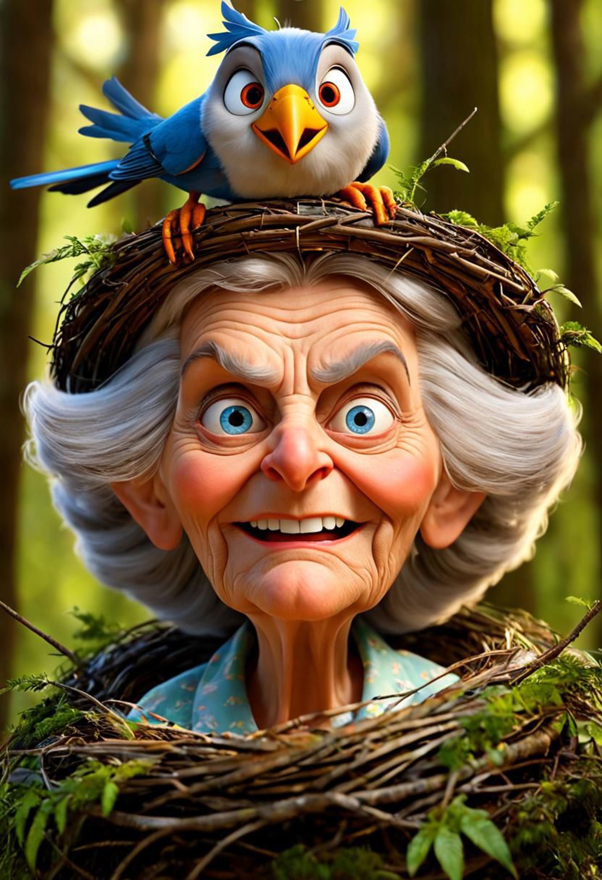 3d render of a funny old lady, crazy looking, grumpy eyes, beast smile, (bird s nest on head, inside cuckoo:1.25), retro ...