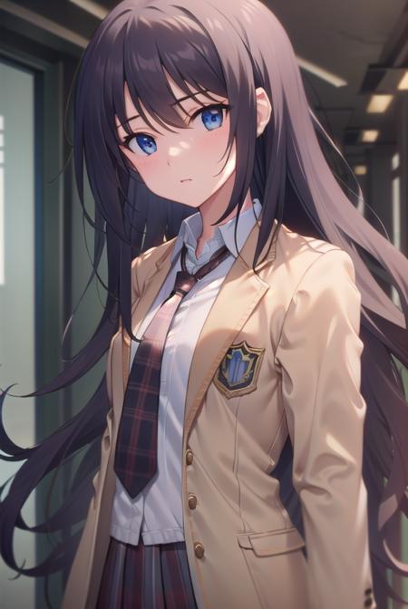 senaaoi, <lora:senaaoitest:1>,
sena aoi, long hair, blue eyes, black hair,
BREAK skirt, school uniform, jacket, necktie, plaid, plaid skirt, blazer, (brown blazer:1.2), (brown jacket:1.2),
BREAK looking at viewer,
BREAK indoors, classroom,
BREAK <lora:GoodHands-vanilla:1>, (masterpiece:1.2), best quality, high resolution, unity 8k wallpaper, (illustration:0.8), (beautiful detailed eyes:1.6), extremely detailed face, perfect lighting, extremely detailed CG, (perfect hands, perfect anatomy),