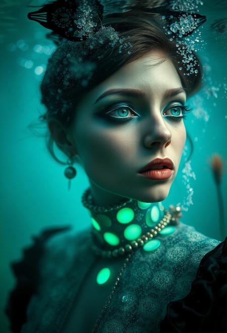 By Eric Lacombe By Patrice Murciano Frostpunk Fashion Photography, underwater environment, minimalism, smoked eye shadow, illuminated green-blue bulging biomorphic dot pattern, underwater landscape, sea plants, bokeh ashes, volumetric particle dust, powdered paint pigment, vivid color, misty aether houte - couture rococo metal  clothing, holga medium format camera, etherial lighting, backlighting, in the style of. . ., professional ominous concept art, by artgerm and greg rutkowski, an intricate, elegant, highly detailed digital painting, concept art, smooth, sharp focus, illustration, in the style of simon stalenhag, wayne barlowe, and igor kieryluk.