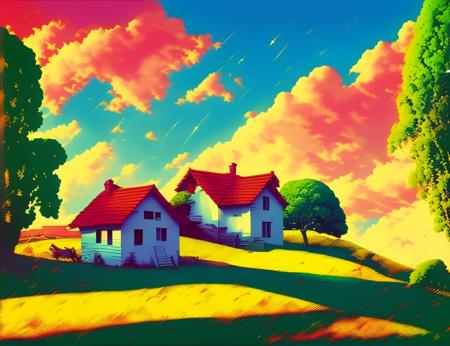 A digital painting of a house in summer by, 8k, art by rzvice-15 (and pixiv-crypto and ilya kuvshinov:1.1)  cinematic lighting, concept art, smooth, sharp focus, behance contest winner, (pop art stripes in the sky), masterpiece