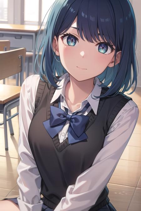 akanekurokawa, <lyco:akanekurokawa-lyco-nochekaiser:1>,
akane kurokawa, aqua eyes, blue hair, medium hair, sidelocks,
BREAK black sweater vest, blue bow, blue bowtie, bow, bowtie, collared shirt, long sleeves, puffy sleeves, school uniform, shirt, sweater vest, white shirt,
BREAK looking at viewer,
BREAK indoors, classroom,
BREAK <lyco:GoodHands-beta2:1>, (masterpiece:1.2), best quality, high resolution, unity 8k wallpaper, (illustration:0.8), (beautiful detailed eyes:1.6), extremely detailed face, perfect lighting, extremely detailed CG, (perfect hands, perfect anatomy),