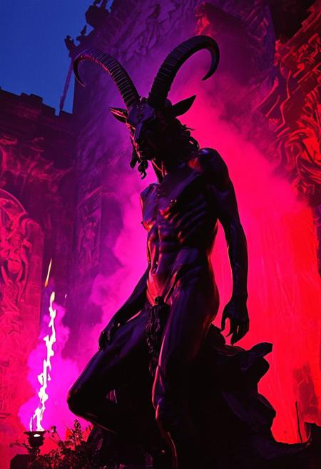 A modern museum exhibit features a controversial, avant-garde statue of Baphomet. This statue merges classic elements with modern artistic expressions, surrounded by multimedia presentations that explain its significance in contemporary and historical contexts., 
in the style of a vintage, high-contrast setting, capture the essence of a campy and sensual satanic ritual. Emphasize theatrical elements with bursts of bright colors against dark, moody backgrounds
,grim landscapes with vibrant exaggerated neon colorful art, 
, old 80's VHS dark fantasy, VHS screen grab, grainy, old footage