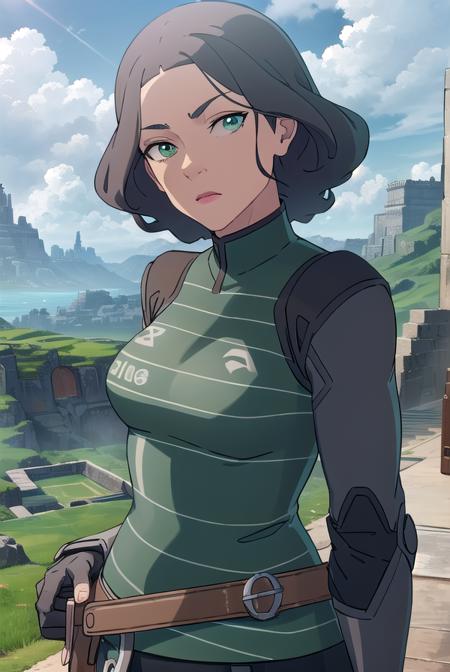 avatarlin, <lora:avatar lin-lora-nochekaiser:1>,
lin, short hair, grey hair, (green eyes:1.5),
BREAK gloves, boots, belt, fingerless gloves, armor, breastplate, greaves,
BREAK outdoors, forest, nature, grass, trees, sun, sky, clouds,
BREAK looking at viewer, (cowboy shot:1.5),
BREAK <lyco:GoodHands-beta2:1>, (masterpiece:1.2), best quality, high resolution, unity 8k wallpaper, (illustration:0.8), (beautiful detailed eyes:1.6), extremely detailed face, perfect lighting, extremely detailed CG, (perfect hands, perfect anatomy),