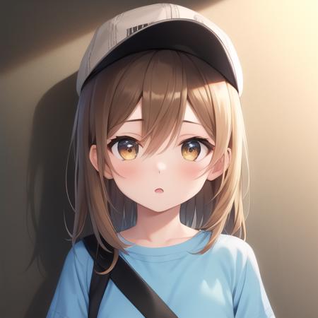 (masterpiece, best quality:1.2),illustration,8k,hd,1girl,solo,upper body,(portrait:1.2),blue shirt,brown eyes,brown hair,brown shorts,child,clothes writing,flat cap,grey headwear,short shorts,grey shorts,hat,holding flag,light brown hair,hair between eyes,shoulder bag,very long hair,oversized clothes,oversized shirt,short sleeves,small breasts,black boots,<lora:Platelet>,