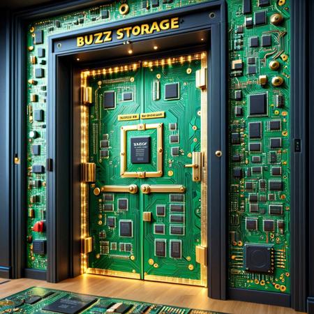 a luxurious door with the text sign "buzz storage", strong door,  thick door. vault door, door made of circuitry, made of pcb, made of chips,
best_quality, masterpiece, absurdres, highres, subject_focus, depth_of_field, extremely_detailed, ultra_detailed, sharp_focus, high_detail, intricate detail,
pcb_style,