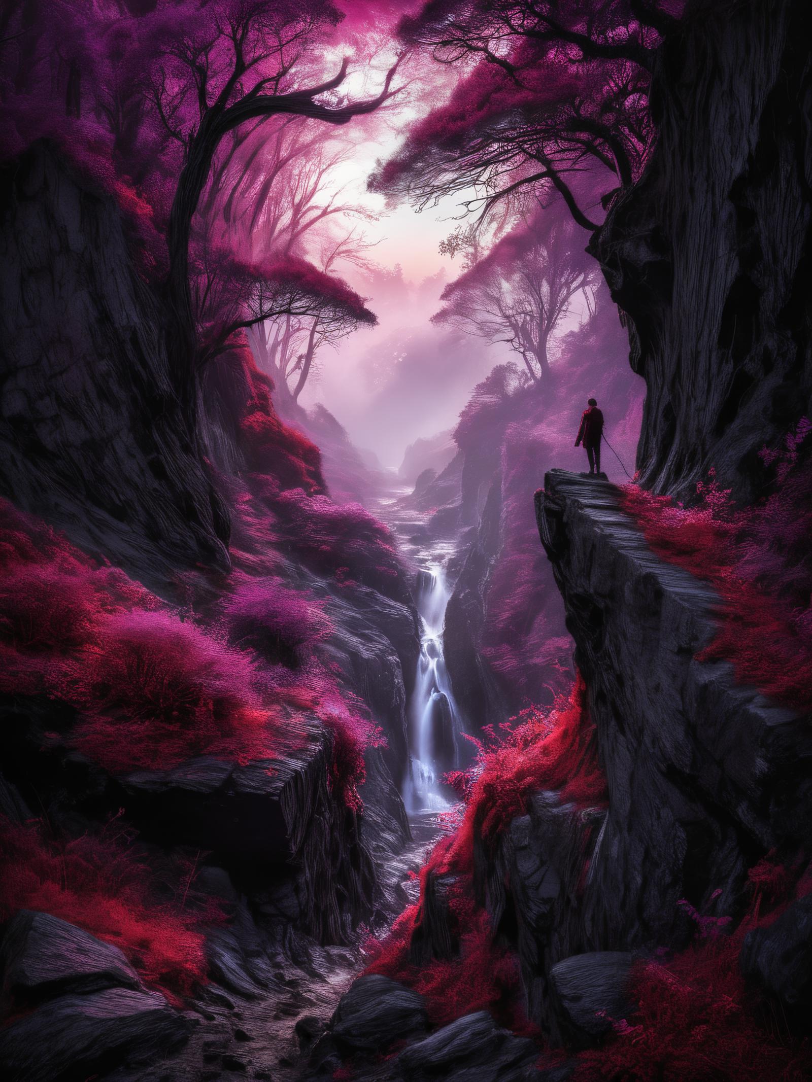A person standing on a bridge over a waterfall with a purple and pink landscape.