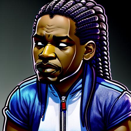 evang style Black man with box braids, wrinkled white T-shirt, baggie, blue jeans, and a zip up sweatshirt, vector art by Yusuke Murata