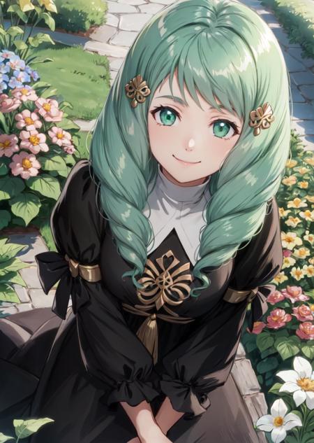 masterpiece, best quality, flayn, hair ornaments, black dress, upper body, smile, closed mouth, garden, from above <lora:flayn-nvwls-v1-000012:0.9>