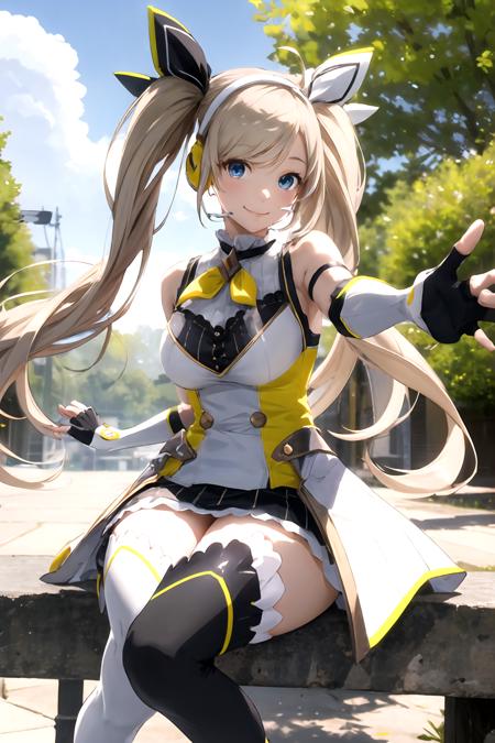 masterpiece, (best quality), vibrant colors ,natural lighting ,RTX, perfect proportions, beautiful, detailed face, (perfect eyes:1.1) ,(photorealistic:1.1), 8k uhd, outdoors, simple background, zea cornelia, 1girl, solo, long hair, smile, blue eyes, skirt, blonde hair, thighhighs, gloves, dress, ribbon, bare shoulders, twintails, medium breasts, very long hair, hair ribbon, ahoge, boots, sleeveless, black gloves, fingerless gloves, black footwear, white dress, white thighhighs, zettai ryouiki, white footwear, headset, asymmetrical legwear, mismatched legwear, straight-on, Sitting with legs outstretched,   <lora:ZeaCornelia:0.85>