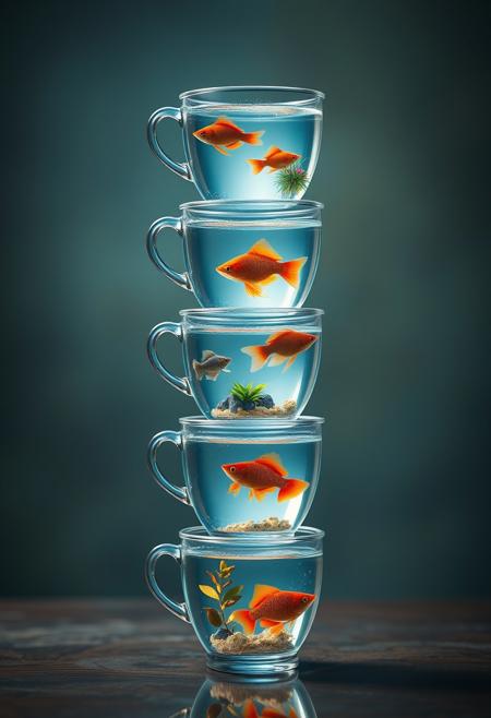 "Create a breathtakingly realistic digital artwork featuring a towering stack of delicate, transparent cups, each one perfectly aligned and balanced on top of the other. Each cup should be its own tiny aquarium, containing a unique and colorful fish, swimming in a miniature ocean of crystal-clear water. The fish should be rendered in exquisite detail, with visible scales, fins, and eyes that seem to sparkle with life. The water should be depicted in stunning detail, with visible ripples, bubbles, and subtle reflections that capture the play of light on its surface. Each cup should have its own unique aquatic environment, with tiny plants, rocks, and other decorations that add to the sense of realism. The overall effect should be one of enchanting realism, as if the viewer could reach out and touch the delicate cups and watch the fish swim. The lighting should be soft and warm, with a subtle glow that highlights the vibrant colors of the fish and the intricate details of the cups." Highest-Quality, 4k, intricate details, visually stunning, Masterpiece